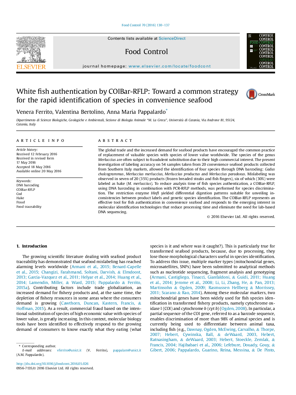 White fish authentication by COIBar-RFLP: Toward a common strategy for the rapid identification of species in convenience seafood