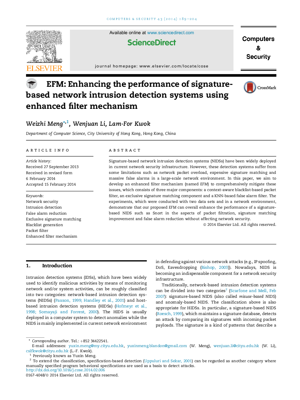 EFM: Enhancing the performance of signature-based network intrusion detection systems using enhanced filter mechanism