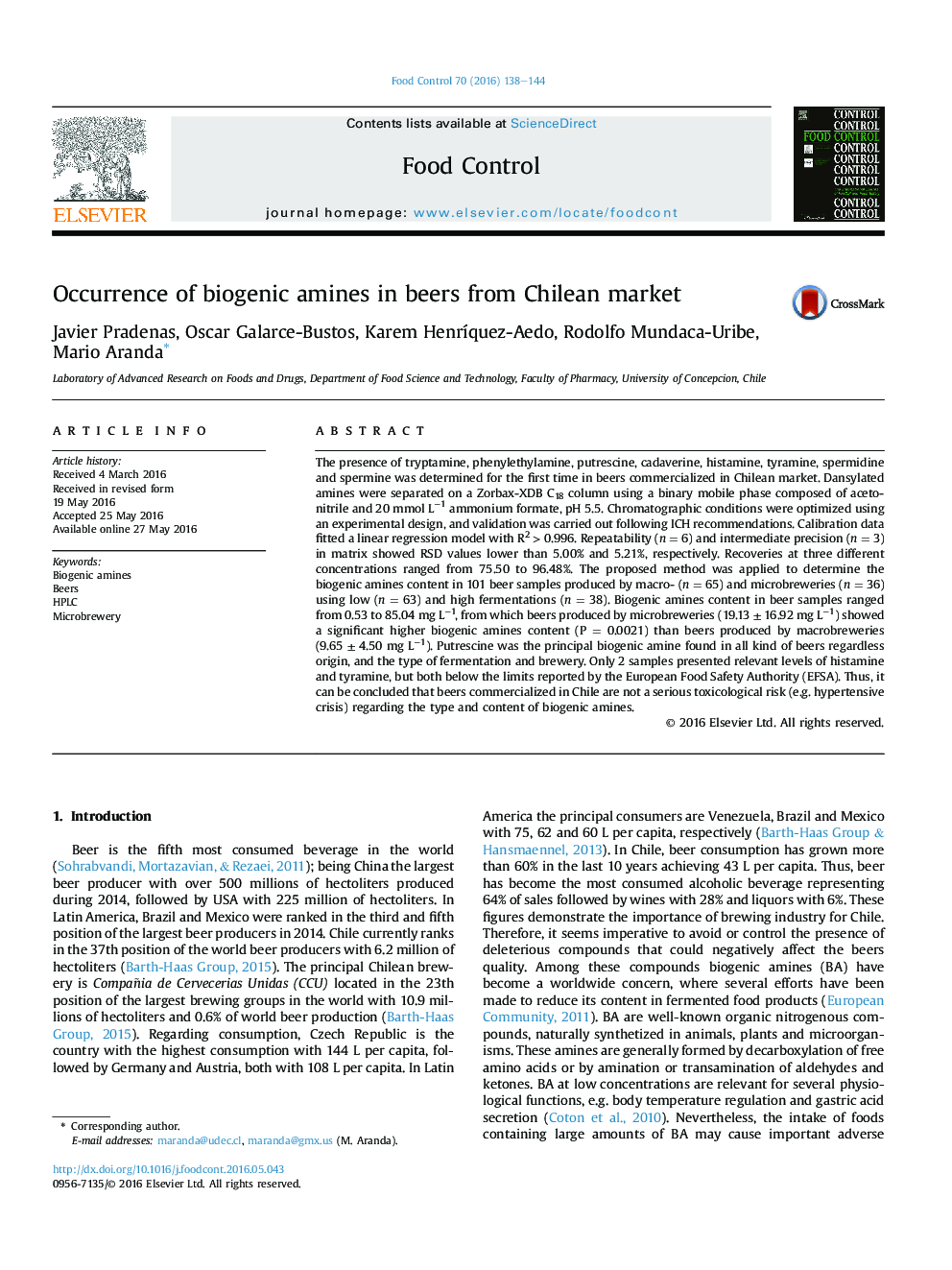 Occurrence of biogenic amines in beers from Chilean market