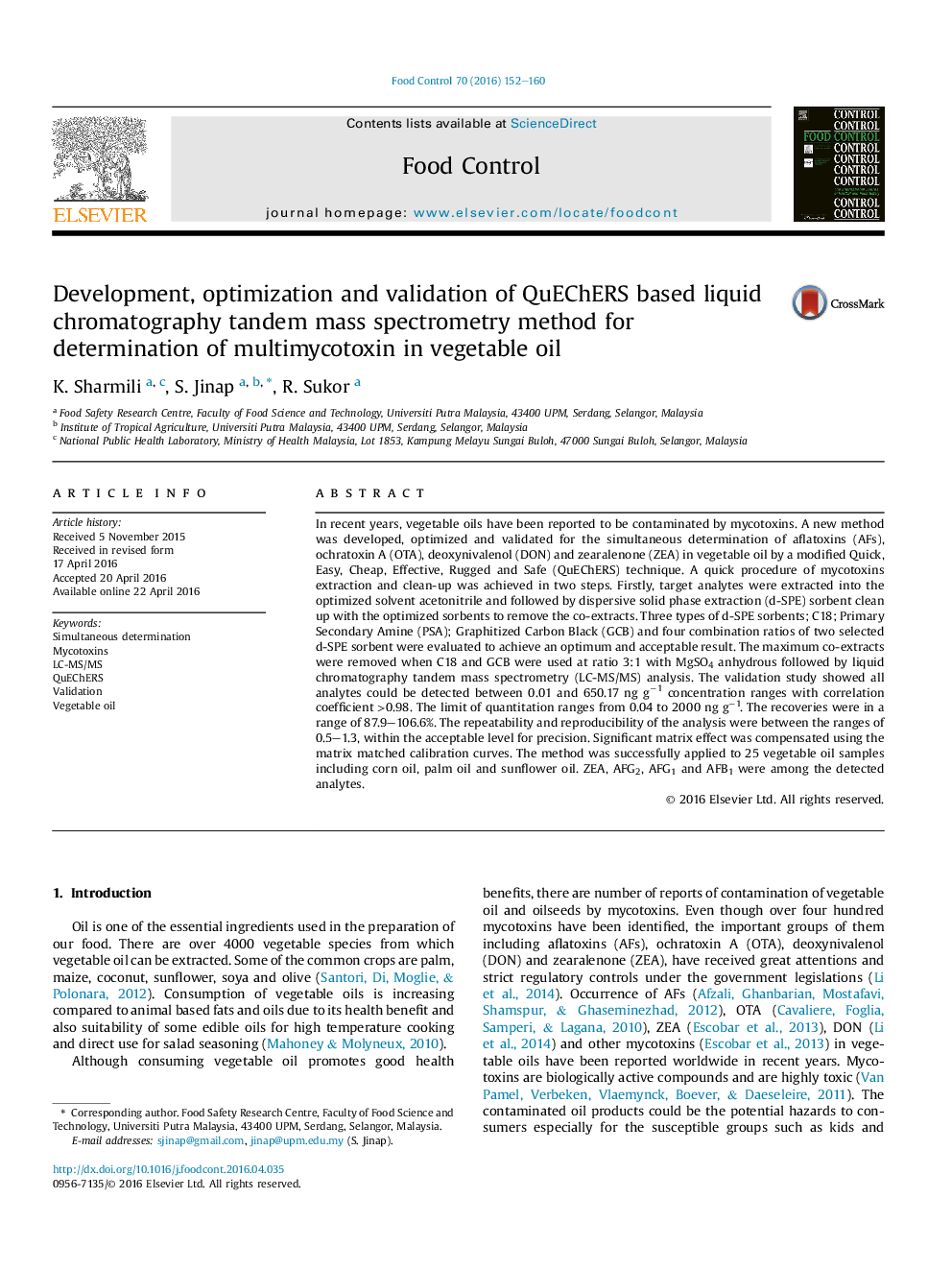 Development, optimization and validation of QuEChERS based liquid chromatography tandem mass spectrometry method for determination of multimycotoxin in vegetable oil