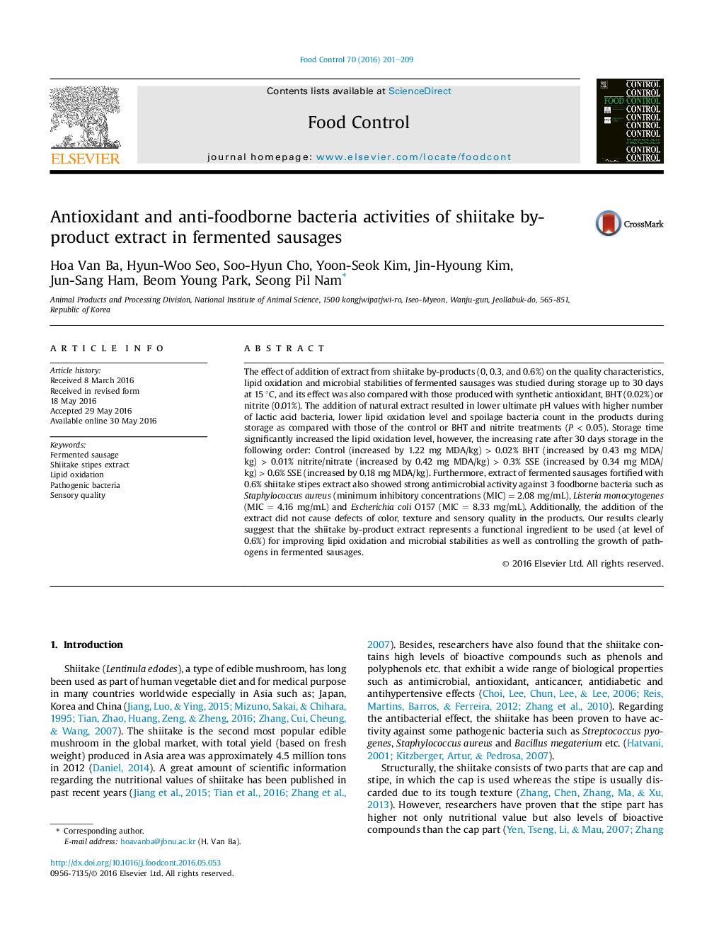 Antioxidant and anti-foodborne bacteria activities of shiitake by-product extract in fermented sausages