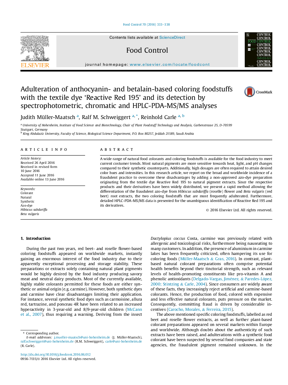 Adulteration of anthocyanin- and betalain-based coloring foodstuffs with the textile dye ‘Reactive Red 195’ and its detection by spectrophotometric, chromatic and HPLC-PDA-MS/MS analyses