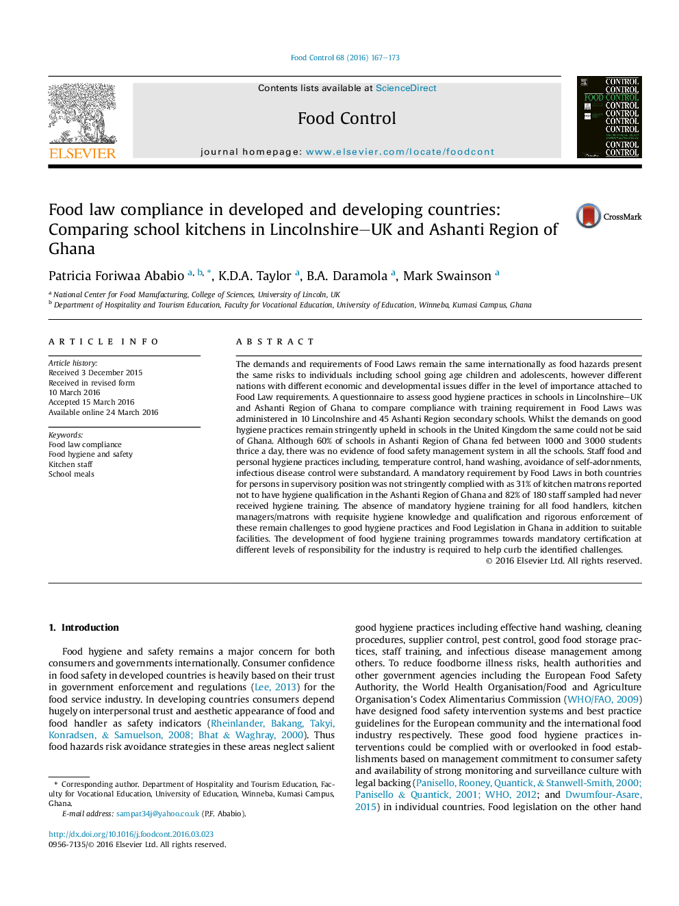 Food law compliance in developed and developing countries: Comparing school kitchens in Lincolnshire–UK and Ashanti Region of Ghana