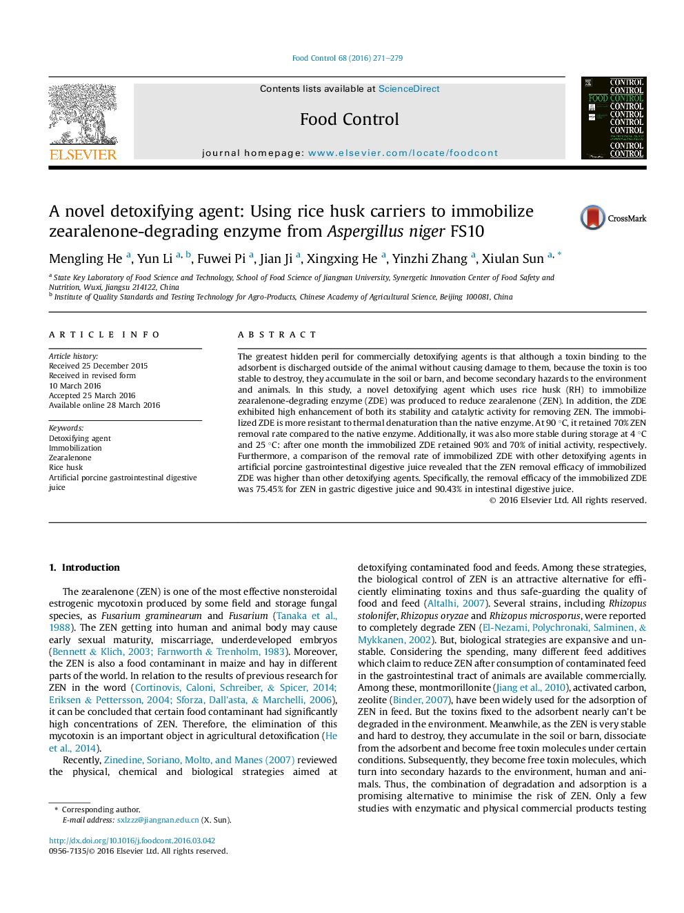 A novel detoxifying agent: Using rice husk carriers to immobilize zearalenone-degrading enzyme from Aspergillus niger FS10