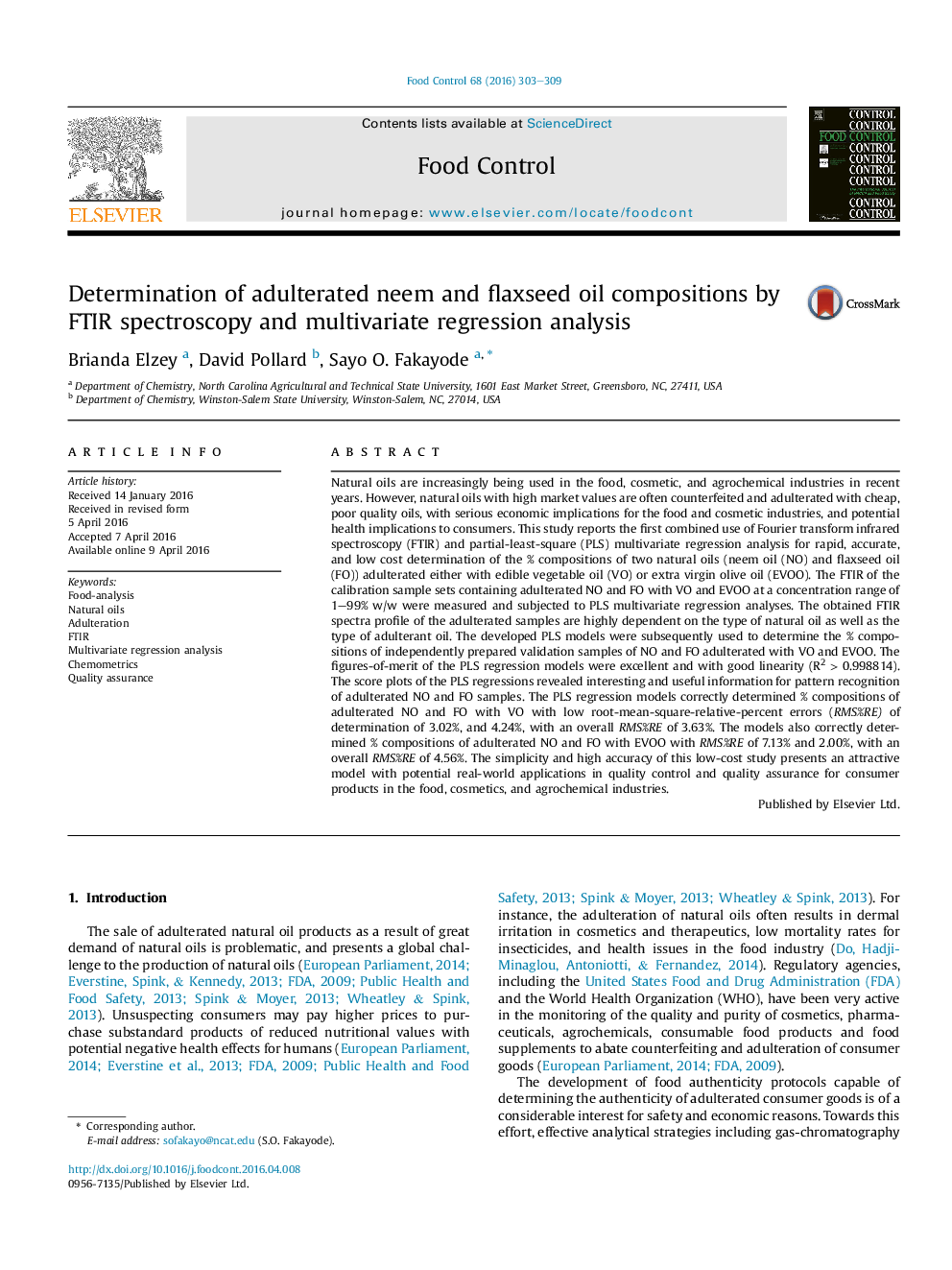 Determination of adulterated neem and flaxseed oil compositions by FTIR spectroscopy and multivariate regression analysis