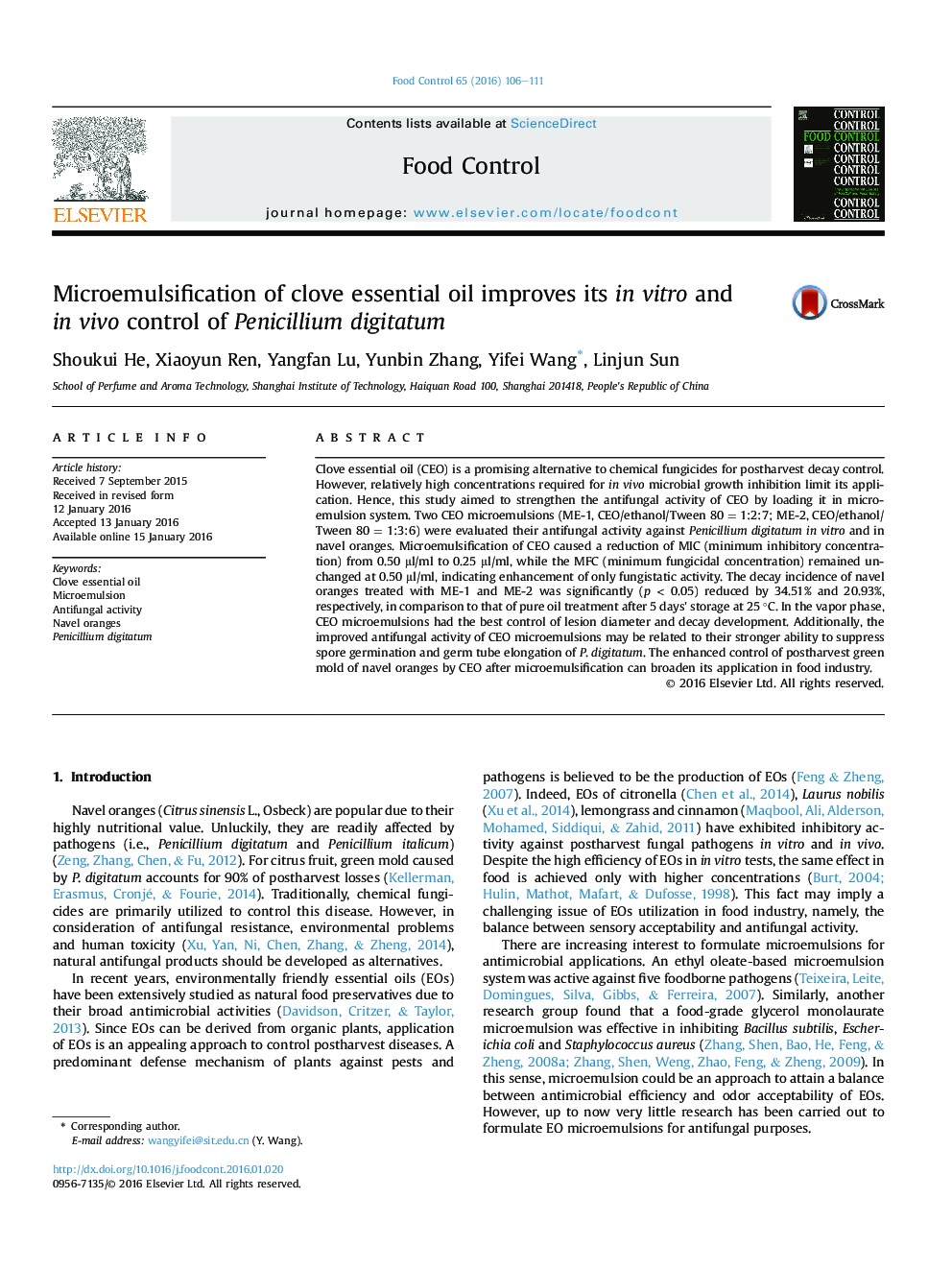 Microemulsification of clove essential oil improves its in vitro and in vivo control of Penicillium digitatum