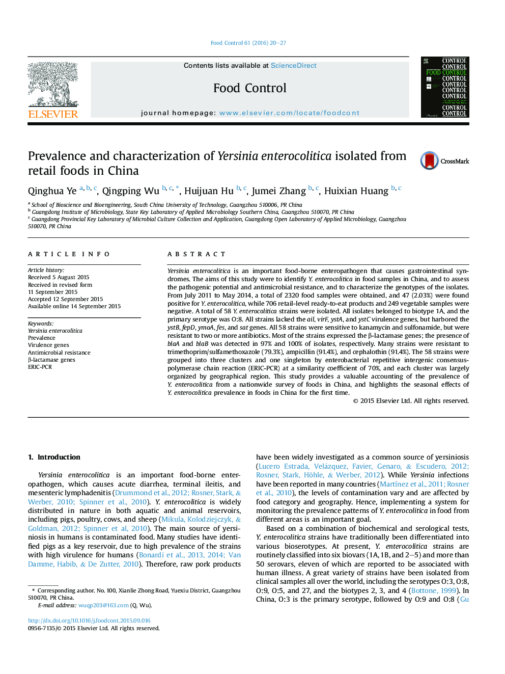 Prevalence and characterization of Yersinia enterocolitica isolated from retail foods in China