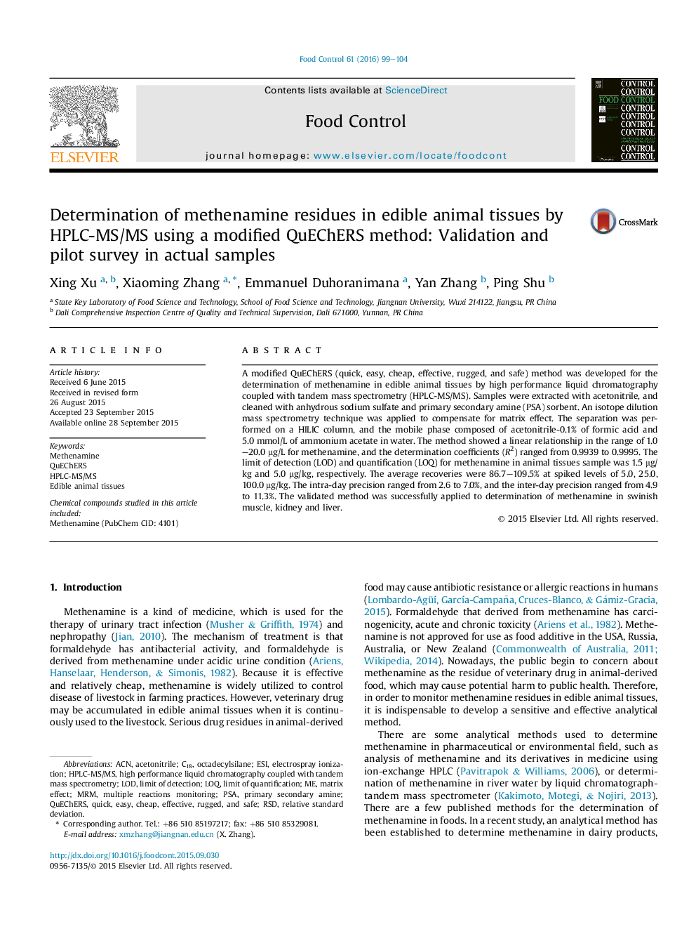 Determination of methenamine residues in edible animal tissues by HPLC-MS/MS using a modified QuEChERS method: Validation and pilot survey in actual samples