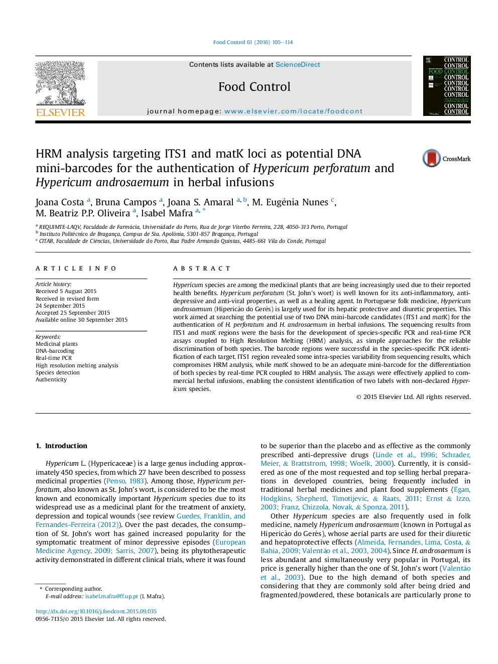 HRM analysis targeting ITS1 and matK loci as potential DNA mini-barcodes for the authentication of Hypericum perforatum and Hypericum androsaemum in herbal infusions