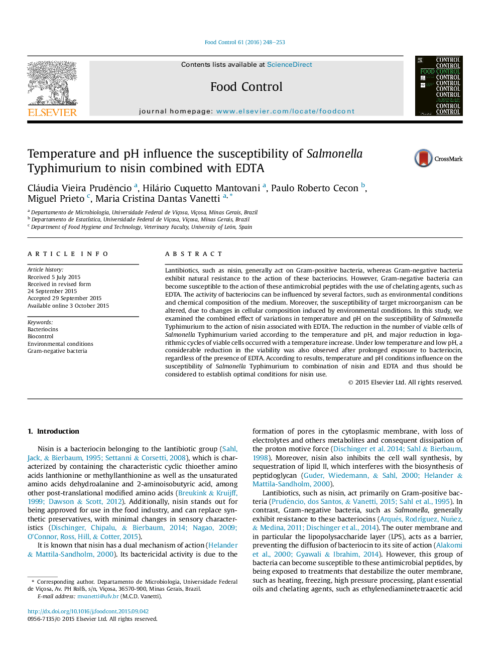عکس صفحه اول مقاله: Temperature and pH influence the susceptibility of Salmonella Typhimurium to nisin combined with EDTA Temperature and pH influence the susceptibility of Salmonella Typhimurium to nisin combined with EDTA