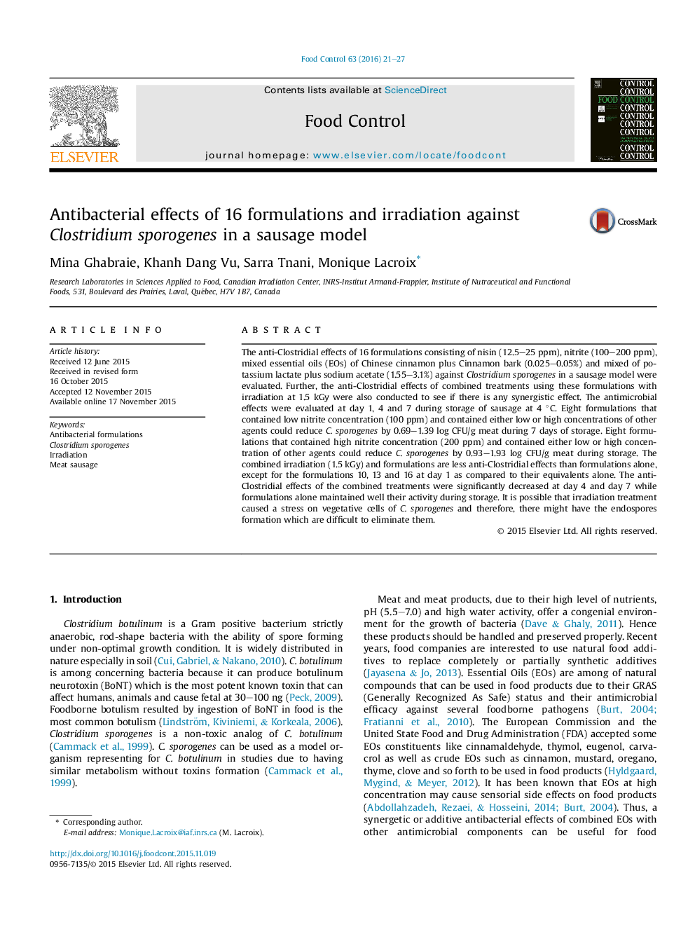 Antibacterial effects of 16 formulations and irradiation against Clostridium sporogenes in a sausage model