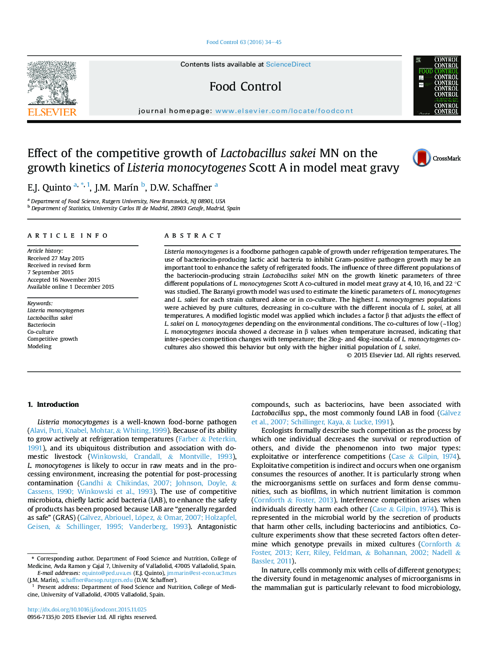 Effect of the competitive growth of Lactobacillus sakei MN on the growth kinetics of Listeria monocytogenes Scott A in model meat gravy