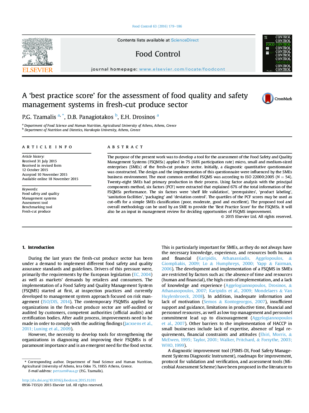 A ‘best practice score’ for the assessment of food quality and safety management systems in fresh-cut produce sector