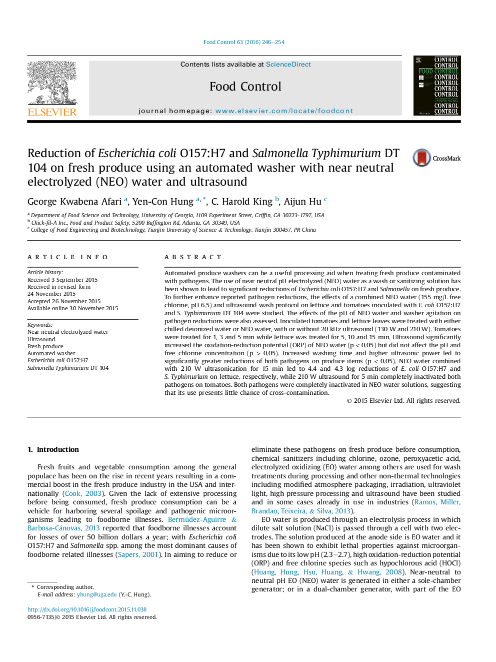 Reduction of Escherichia coli O157:H7 and Salmonella Typhimurium DT 104 on fresh produce using an automated washer with near neutral electrolyzed (NEO) water and ultrasound