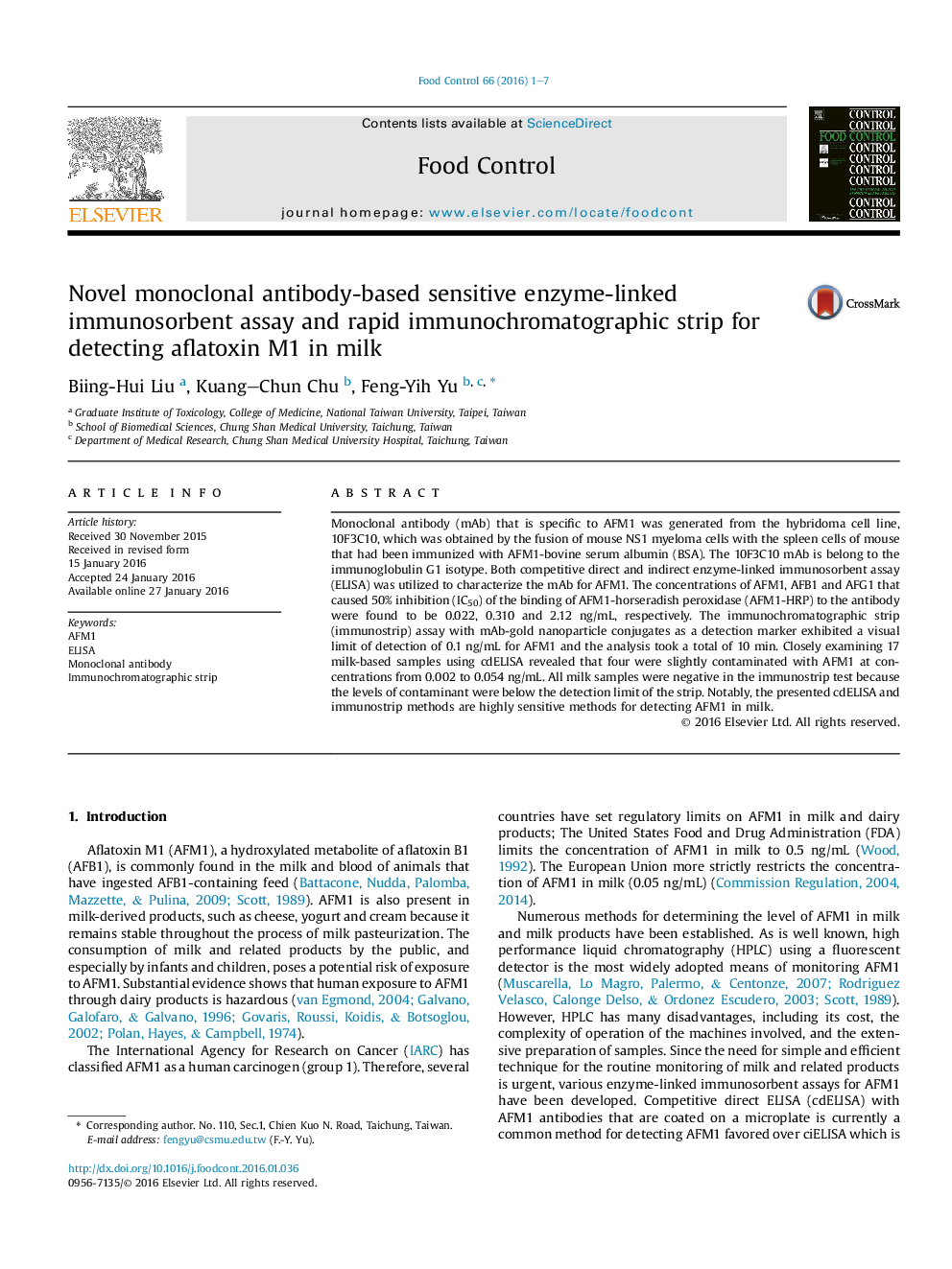 Novel monoclonal antibody-based sensitive enzyme-linked immunosorbent assay and rapid immunochromatographic strip for detecting aflatoxin M1 in milk