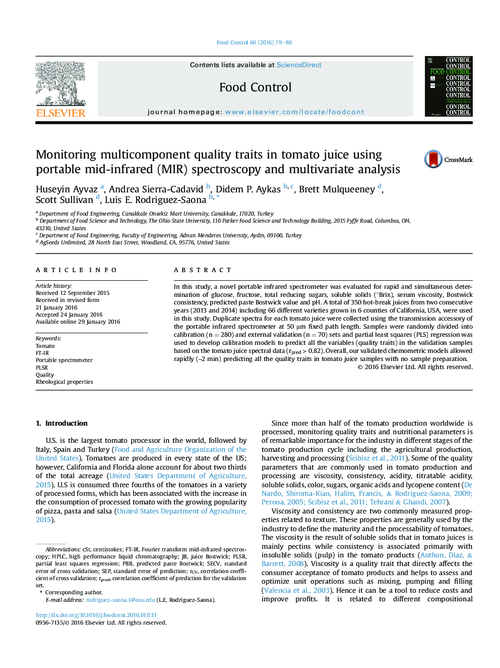 Monitoring multicomponent quality traits in tomato juice using portable mid-infrared (MIR) spectroscopy and multivariate analysis