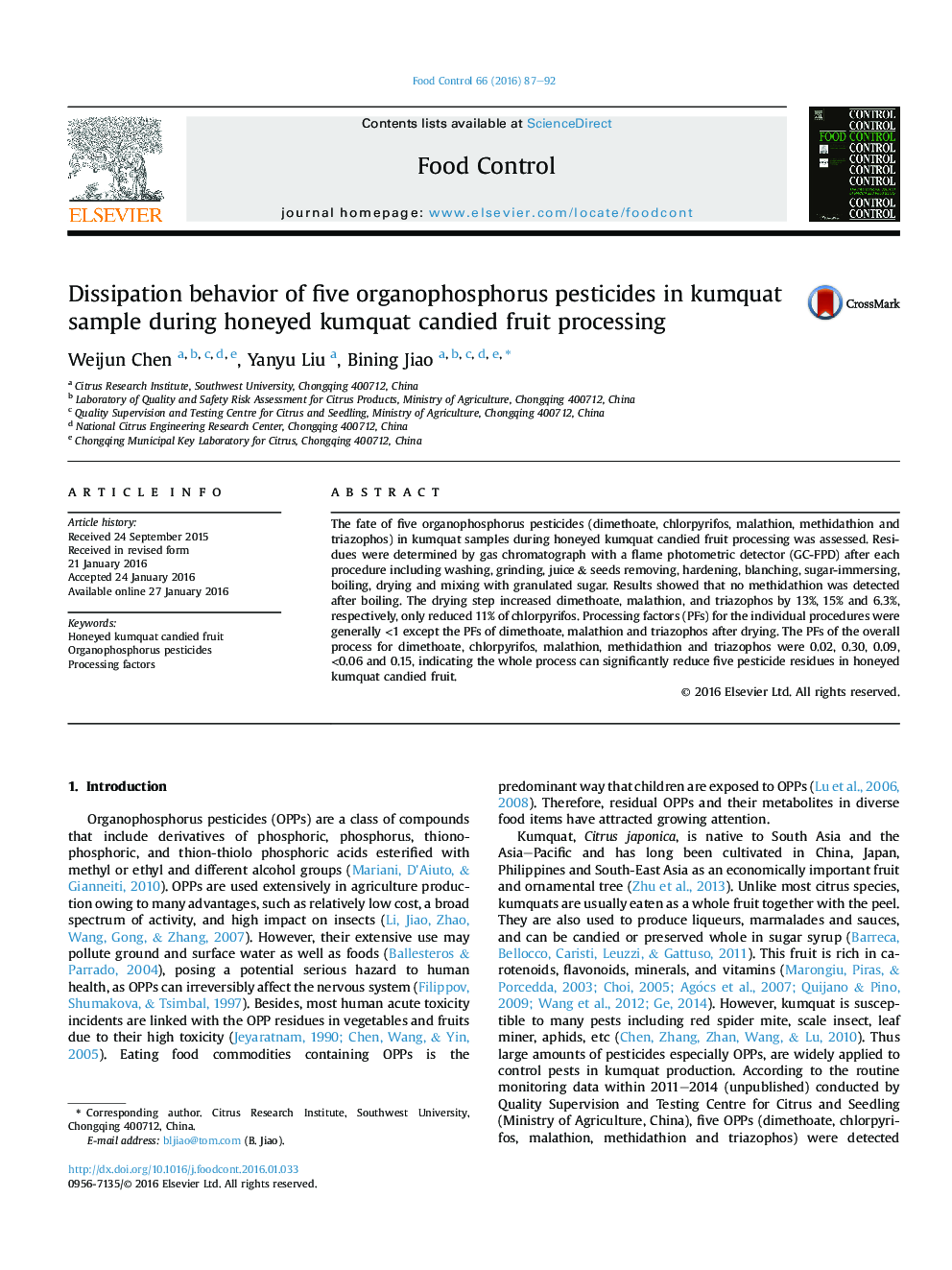 Dissipation behavior of five organophosphorus pesticides in kumquat sample during honeyed kumquat candied fruit processing