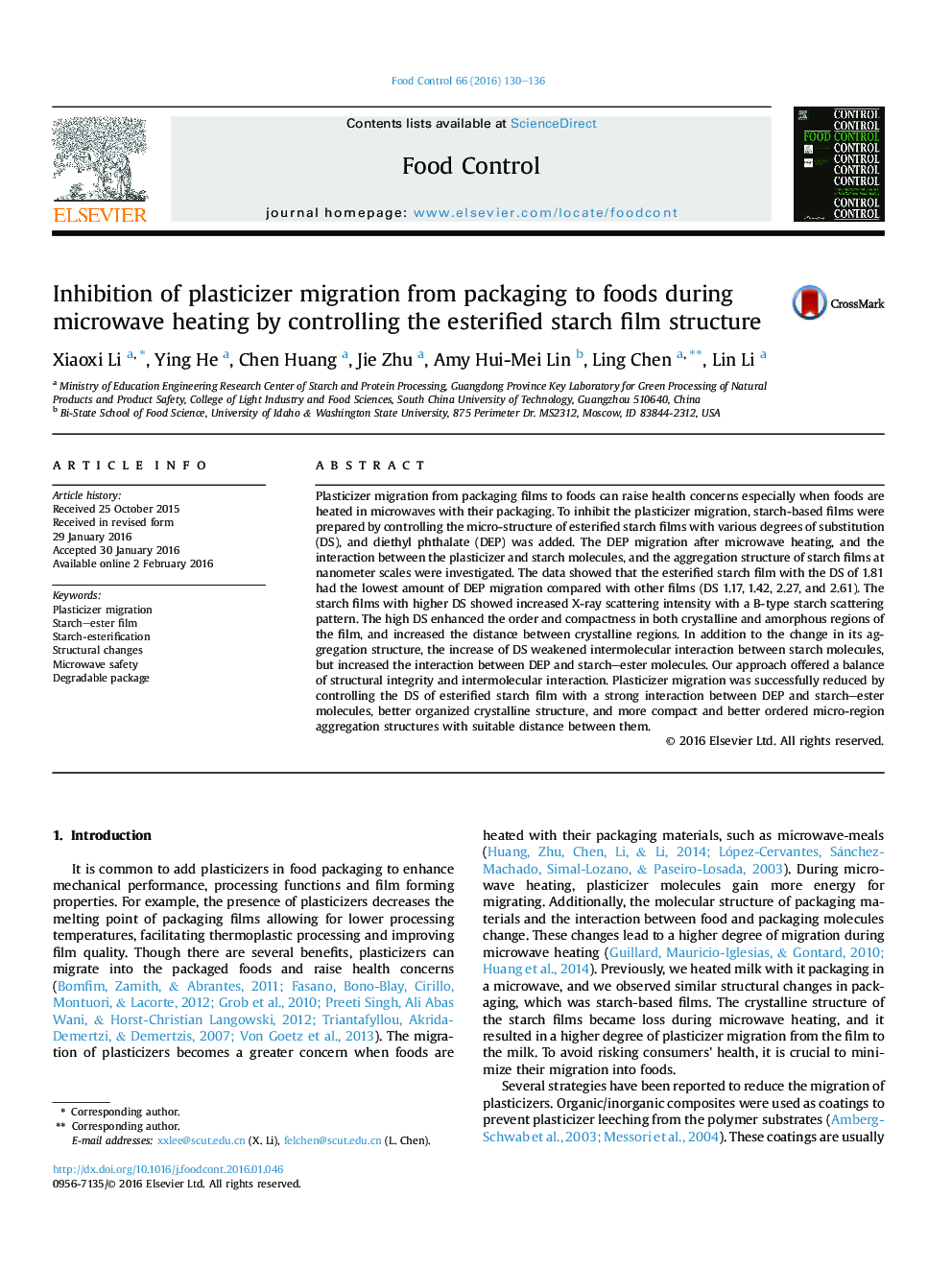 Inhibition of plasticizer migration from packaging to foods during microwave heating by controlling the esterified starch film structure