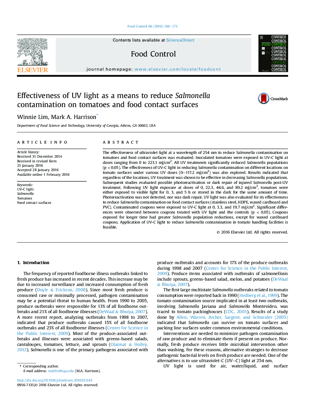 Effectiveness of UV light as a means to reduce Salmonella contamination on tomatoes and food contact surfaces