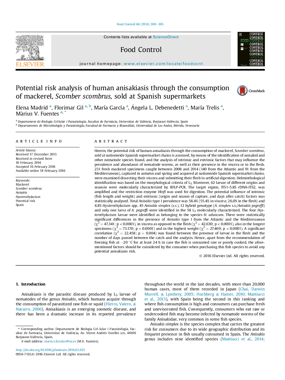 Potential risk analysis of human anisakiasis through the consumption of mackerel, Scomber scombrus, sold at Spanish supermarkets