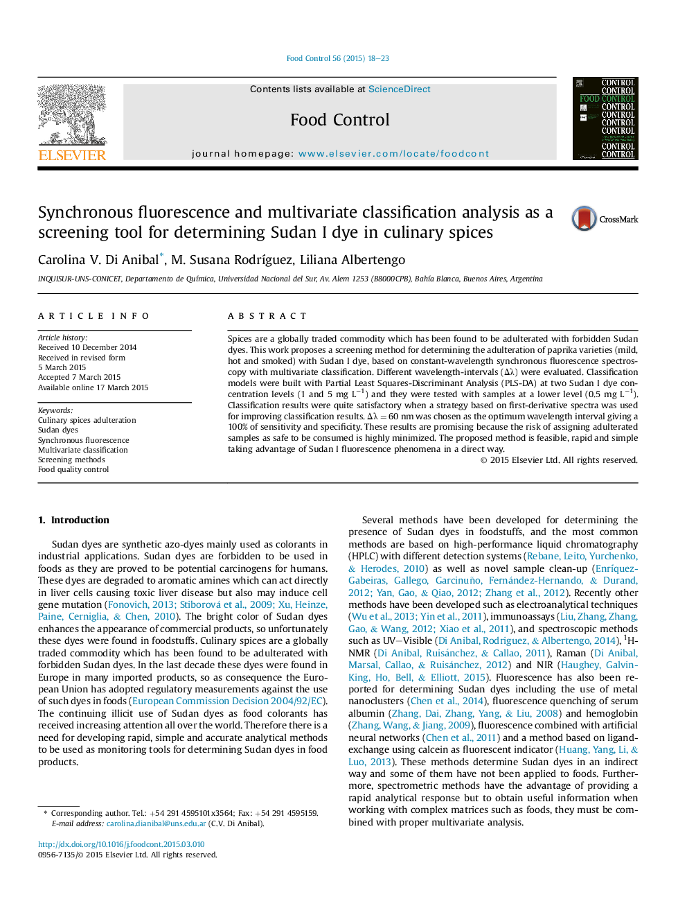 Synchronous fluorescence and multivariate classification analysis as a screening tool for determining Sudan I dye in culinary spices