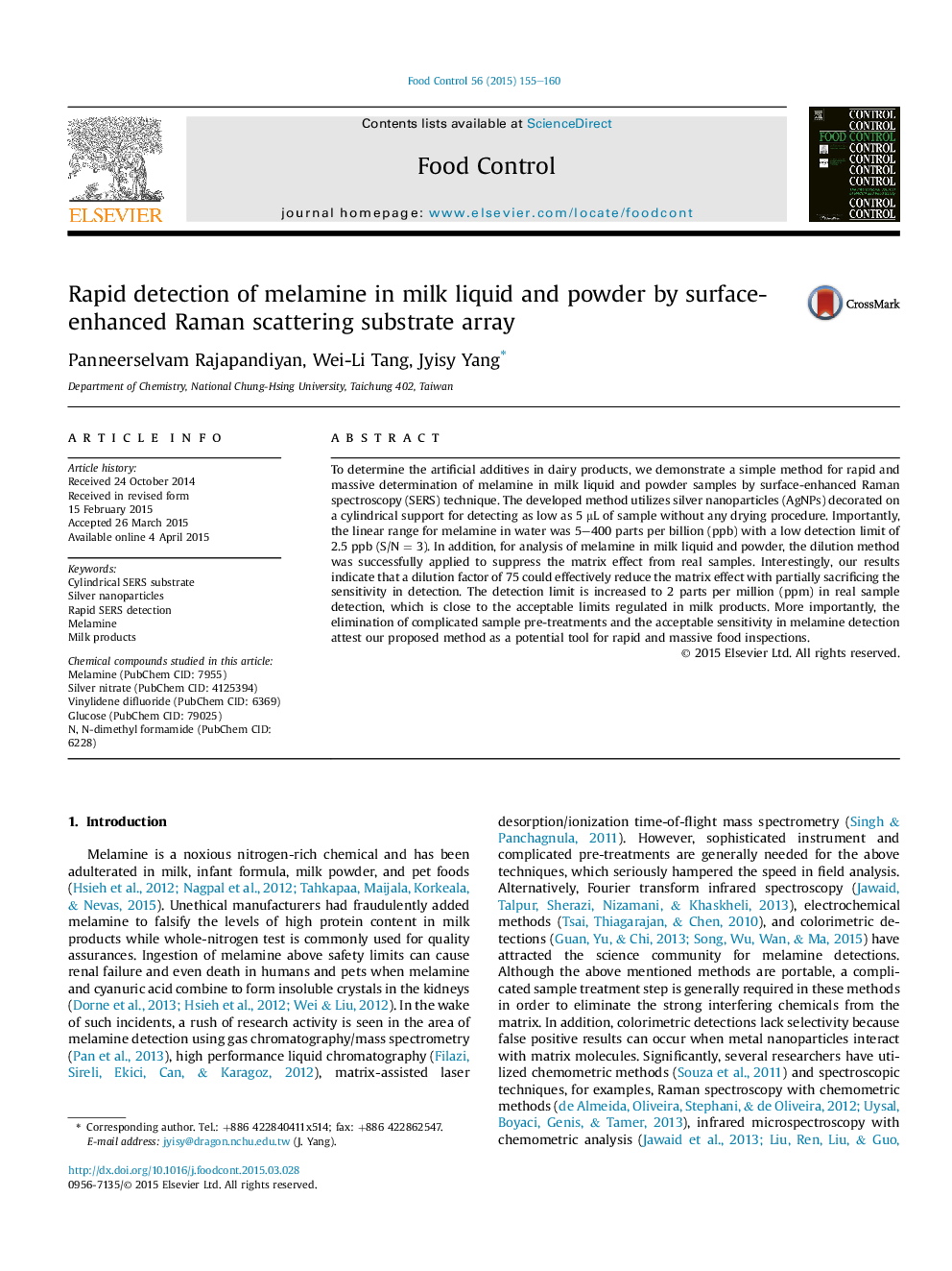 Rapid detection of melamine in milk liquid and powder by surface-enhanced Raman scattering substrate array