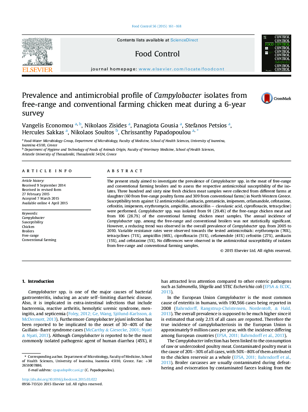 Prevalence and antimicrobial profile of Campylobacter isolates from free-range and conventional farming chicken meat during a 6-year survey