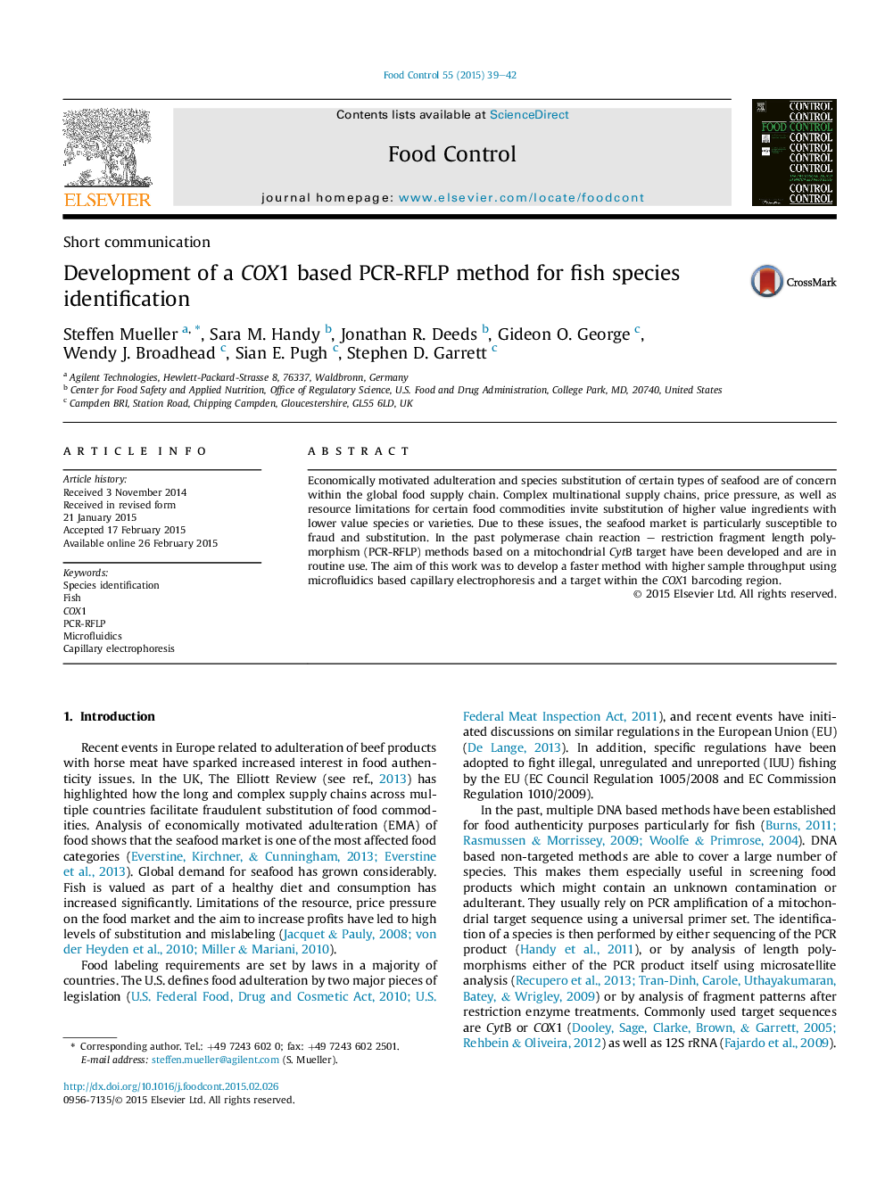 Development of a COX1 based PCR-RFLP method for fish species identification