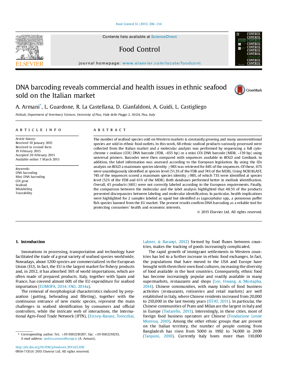 DNA barcoding reveals commercial and health issues in ethnic seafood sold on the Italian market