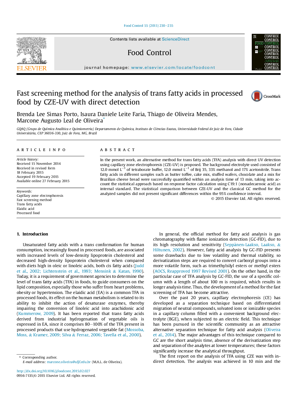 عکس صفحه اول مقاله: Fast screening method for the analysis of trans fatty acids in processed food by CZE-UV with direct detection Fast screening method for the analysis of trans fatty acids in processed food by CZE-UV with direct detection