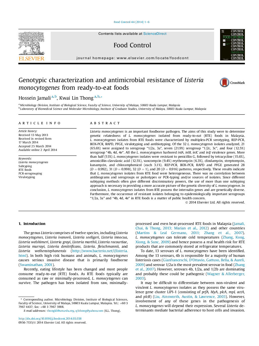 Genotypic characterization and antimicrobial resistance of Listeria monocytogenes from ready-to-eat foods