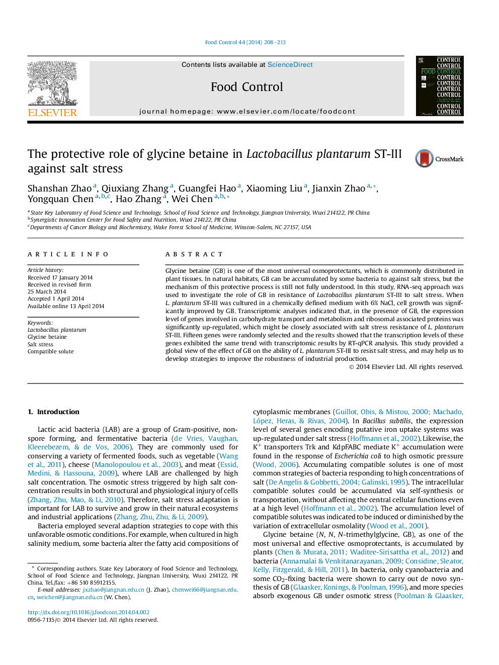 The protective role of glycine betaine in Lactobacillus plantarum ST-III against salt stress