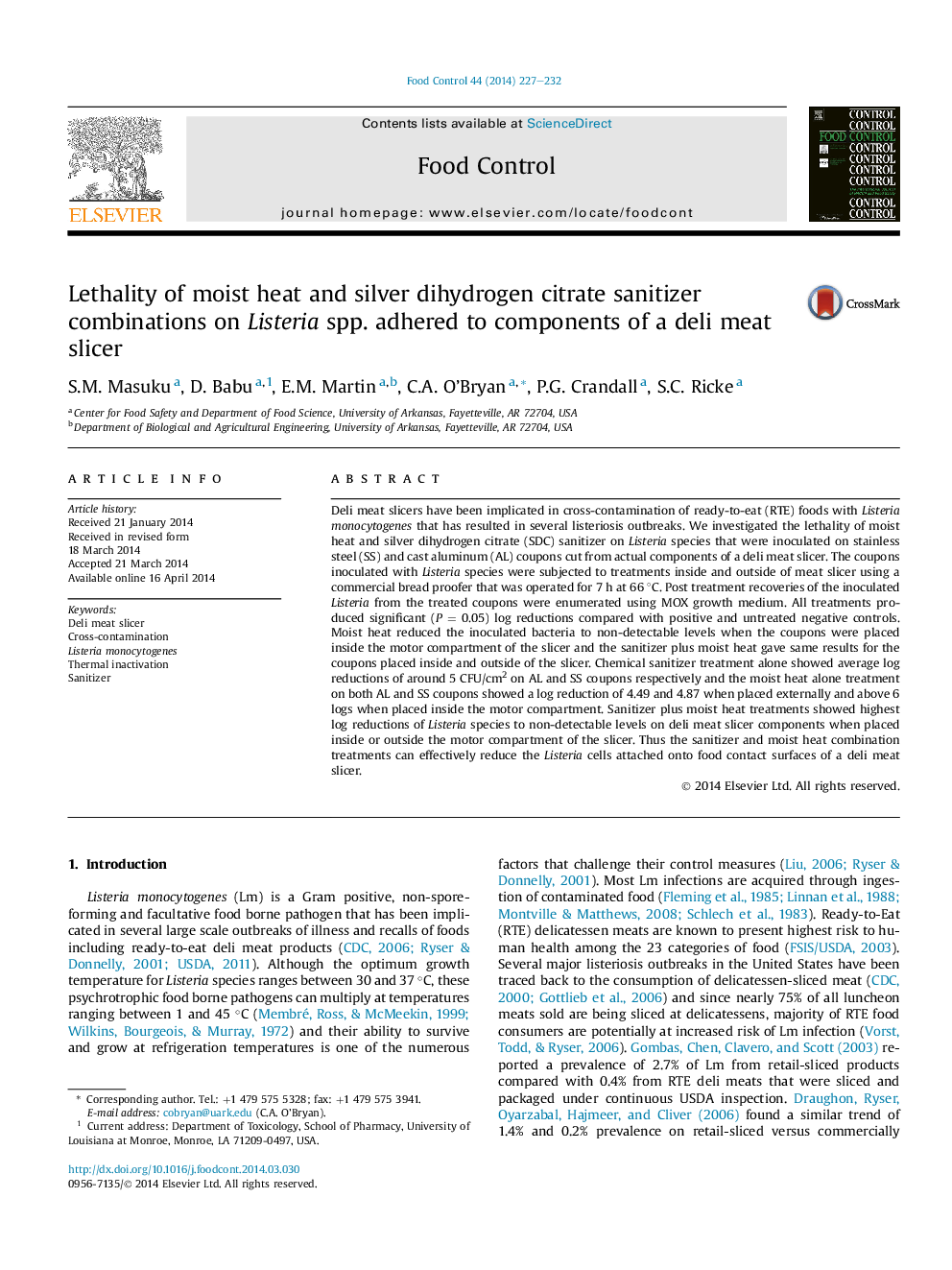 Lethality of moist heat and silver dihydrogen citrate sanitizer combinations on Listeria spp. adhered to components of a deli meat slicer