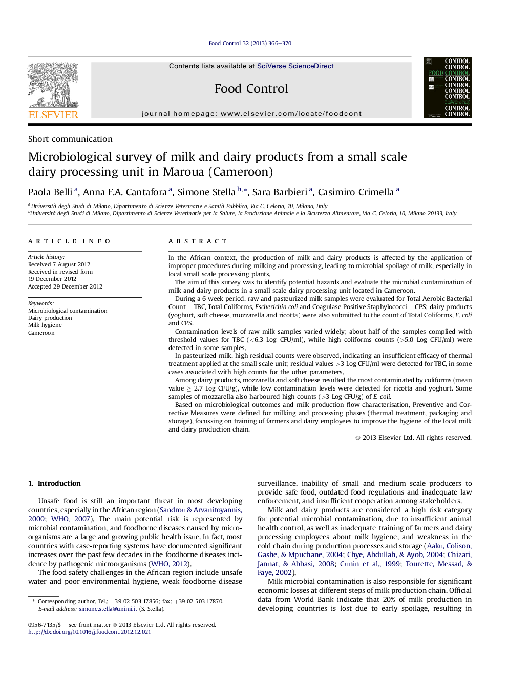 Microbiological survey of milk and dairy products from a small scale dairy processing unit in Maroua (Cameroon)