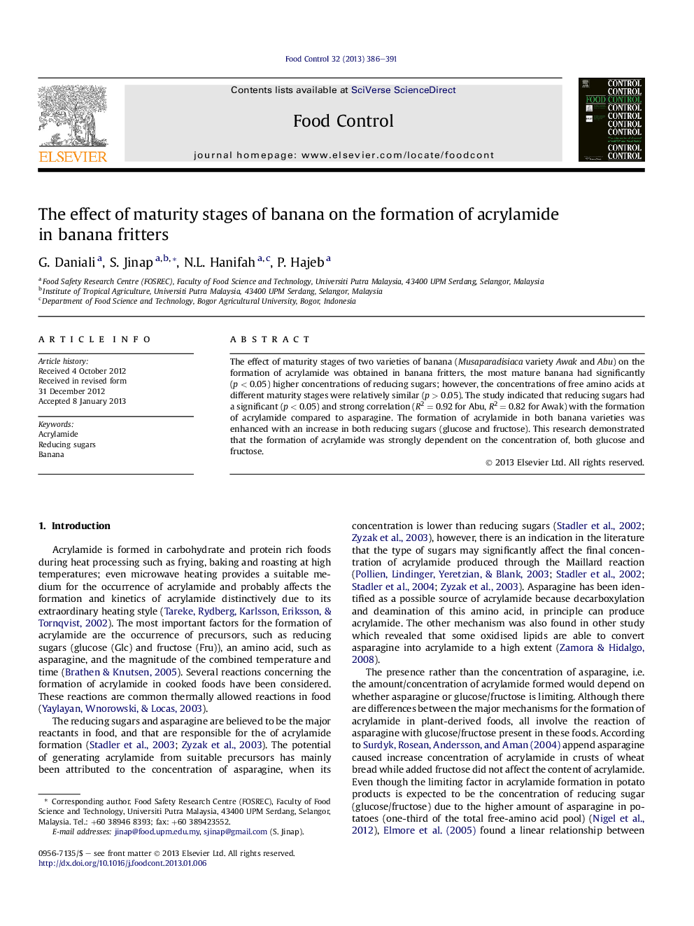 The effect of maturity stages of banana on the formation of acrylamide in banana fritters