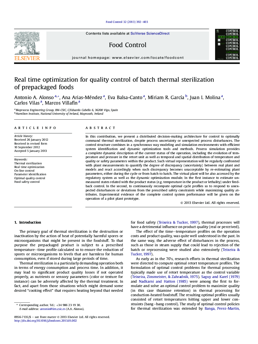 Real time optimization for quality control of batch thermal sterilization of prepackaged foods