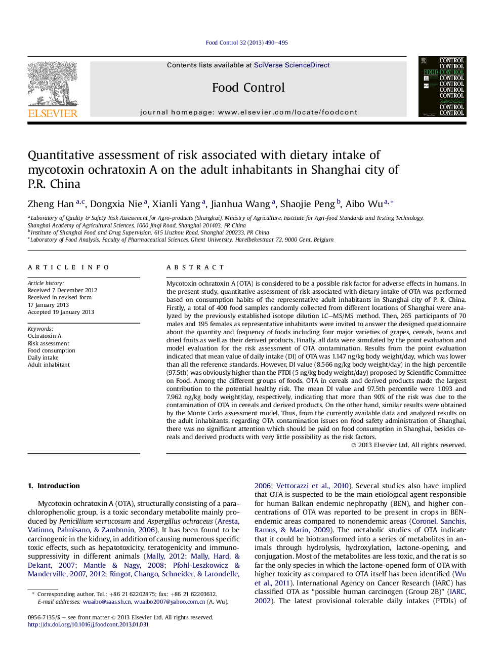 Quantitative assessment of risk associated with dietary intake of mycotoxin ochratoxin A on the adult inhabitants in Shanghai city of P.R. China