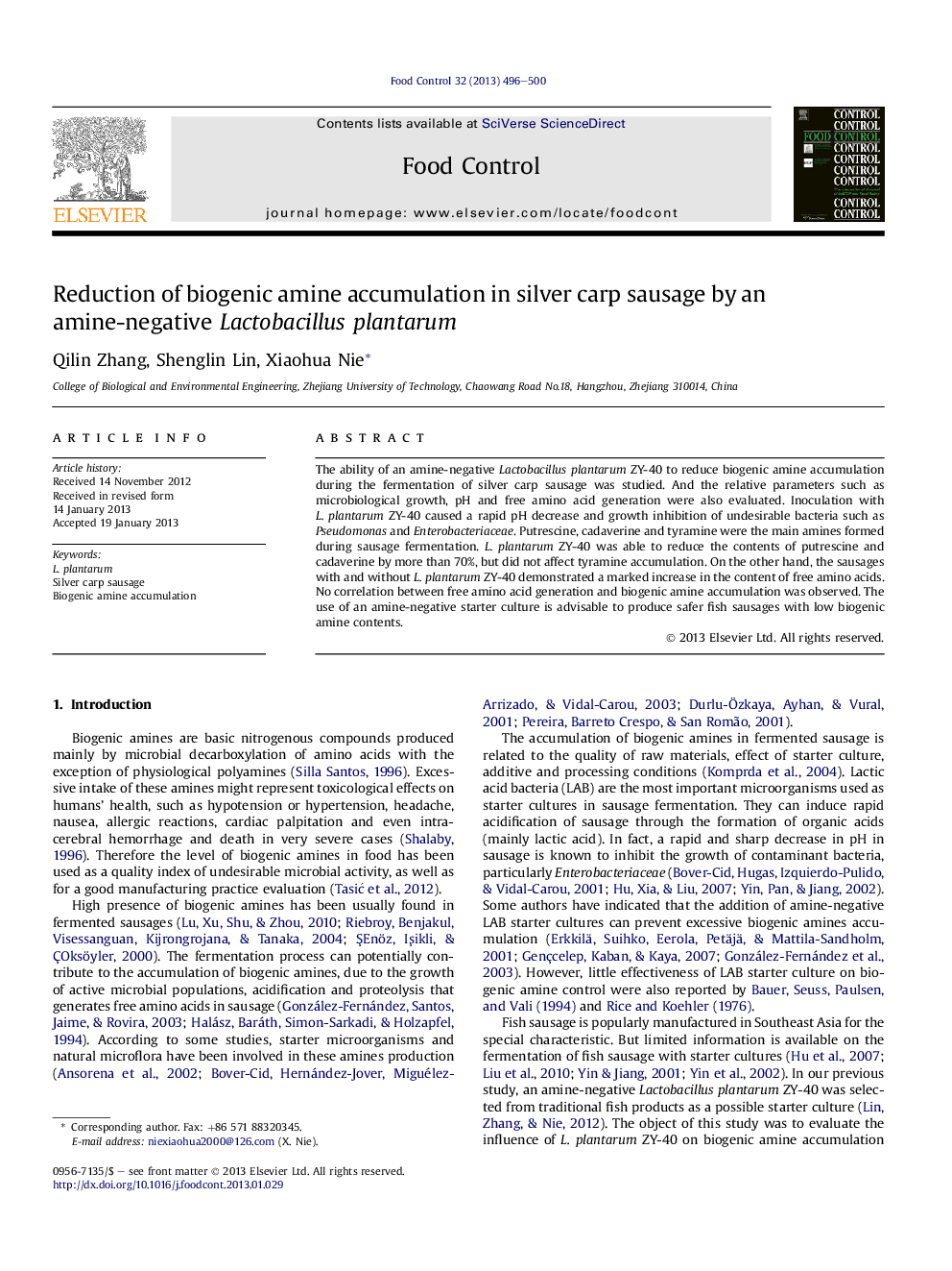 Reduction of biogenic amine accumulation in silver carp sausage by an amine-negative Lactobacillus plantarum