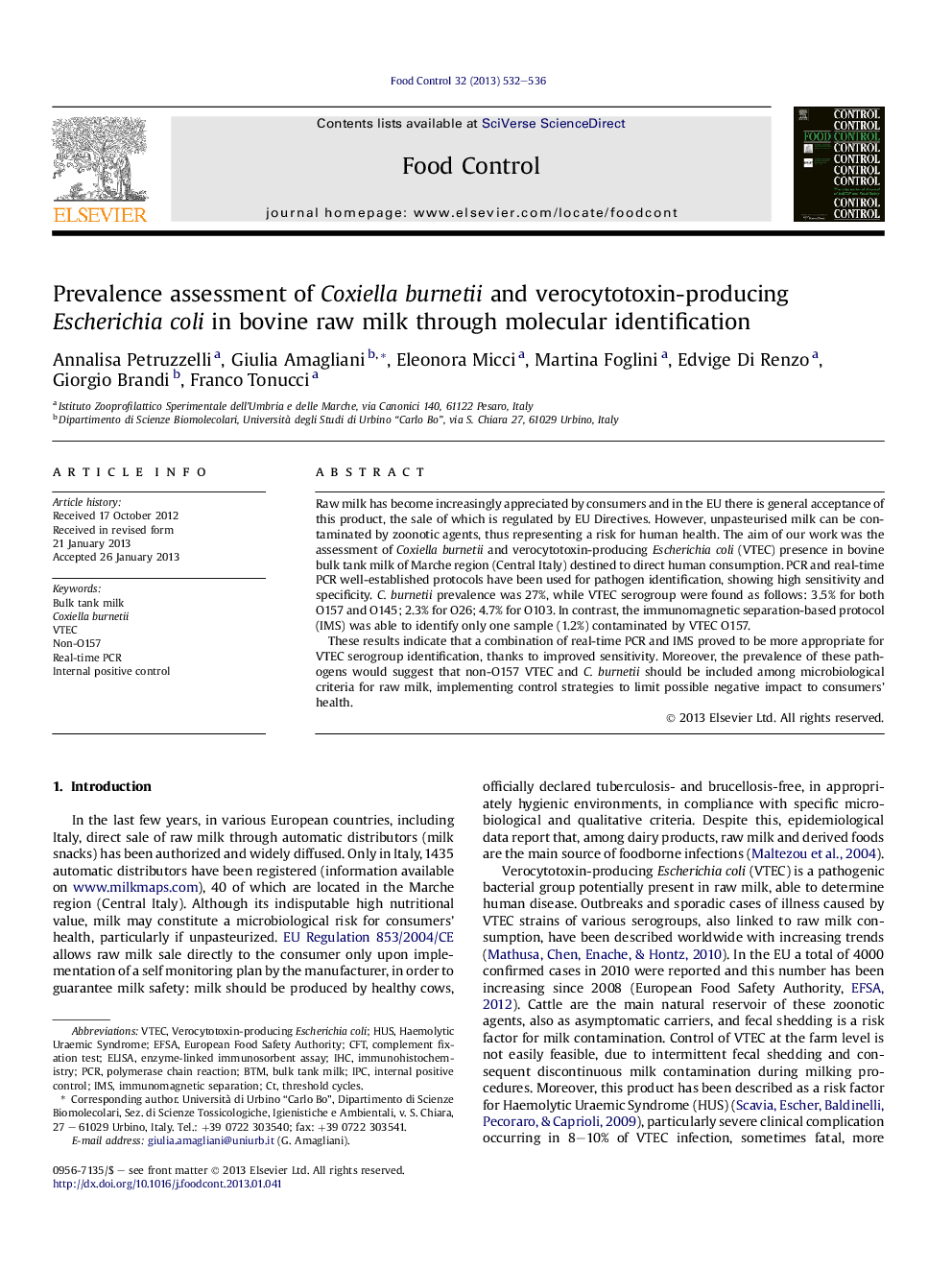 Prevalence assessment of Coxiella burnetii and verocytotoxin-producing Escherichia coli in bovine raw milk through molecular identification