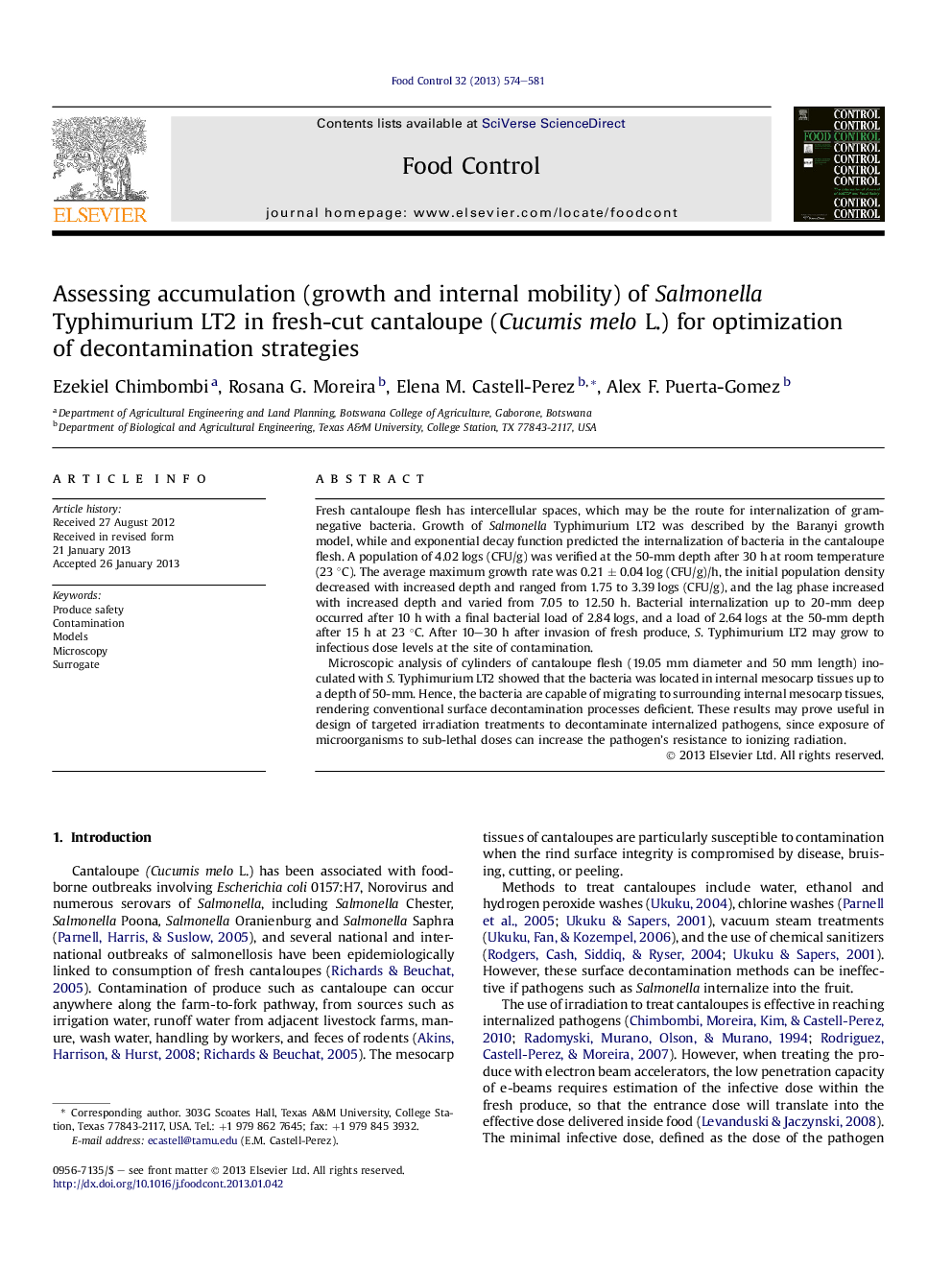 Assessing accumulation (growth and internal mobility) of Salmonella Typhimurium LT2 in fresh-cut cantaloupe (Cucumis melo L.) for optimization of decontamination strategies