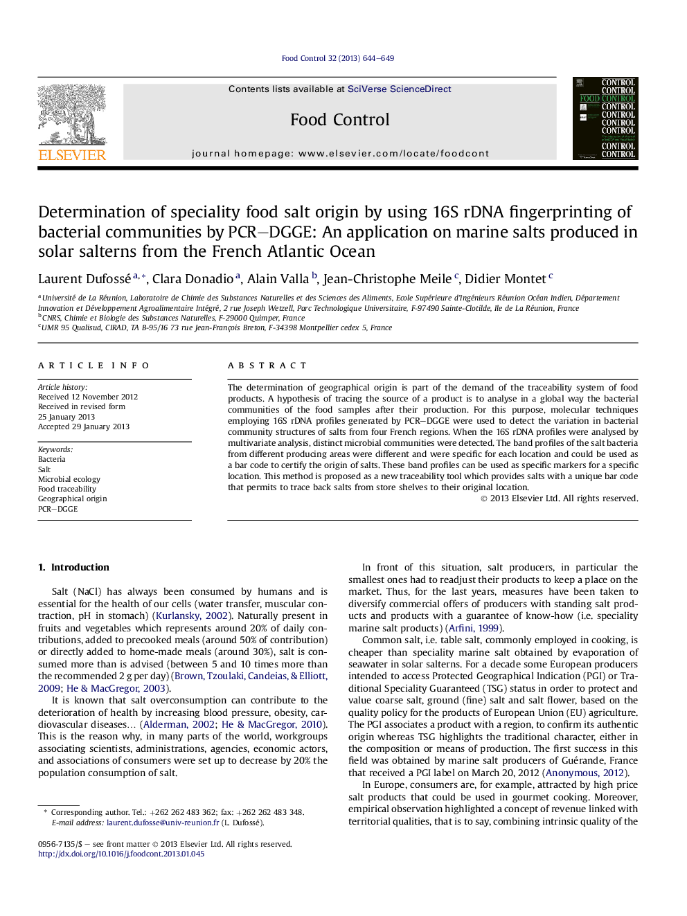 Determination of speciality food salt origin by using 16S rDNA fingerprinting of bacterial communities by PCR–DGGE: An application on marine salts produced in solar salterns from the French Atlantic Ocean