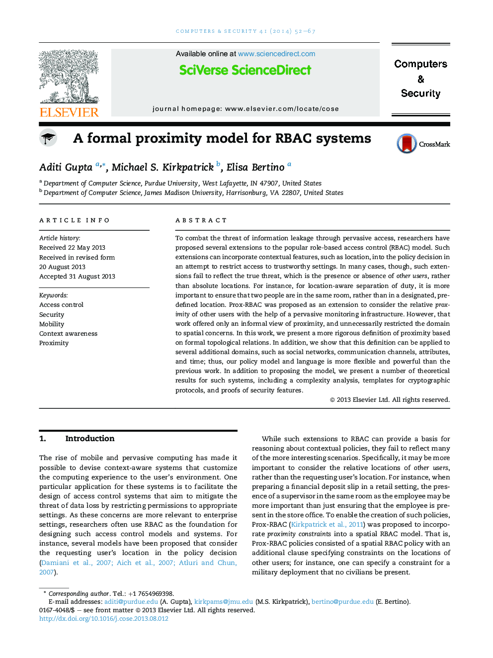 A formal proximity model for RBAC systems