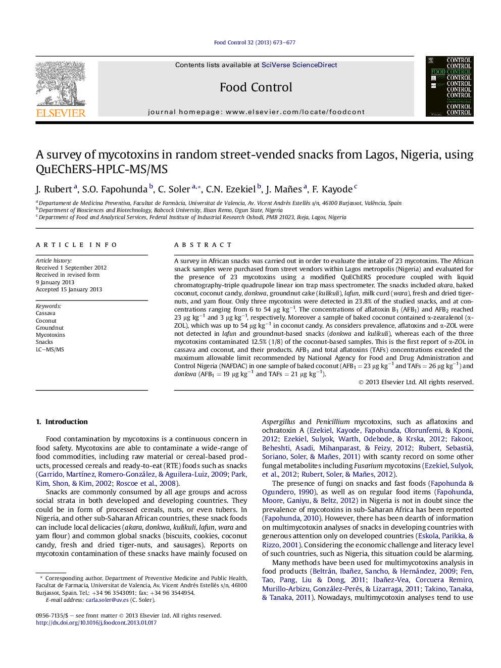 A survey of mycotoxins in random street-vended snacks from Lagos, Nigeria, using QuEChERS-HPLC-MS/MS