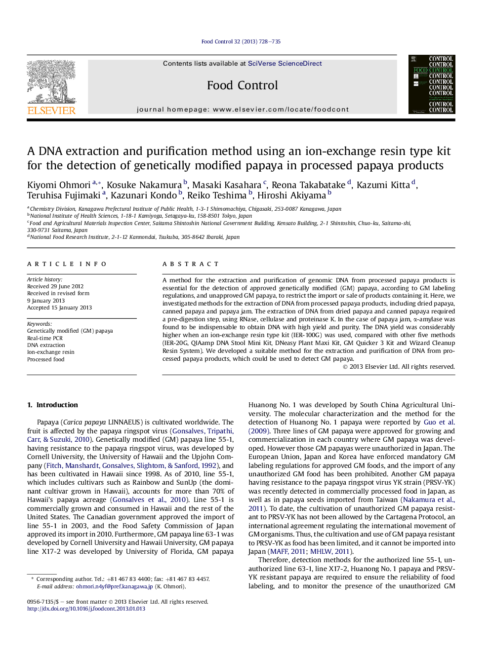 A DNA extraction and purification method using an ion-exchange resin type kit for the detection of genetically modified papaya in processed papaya products