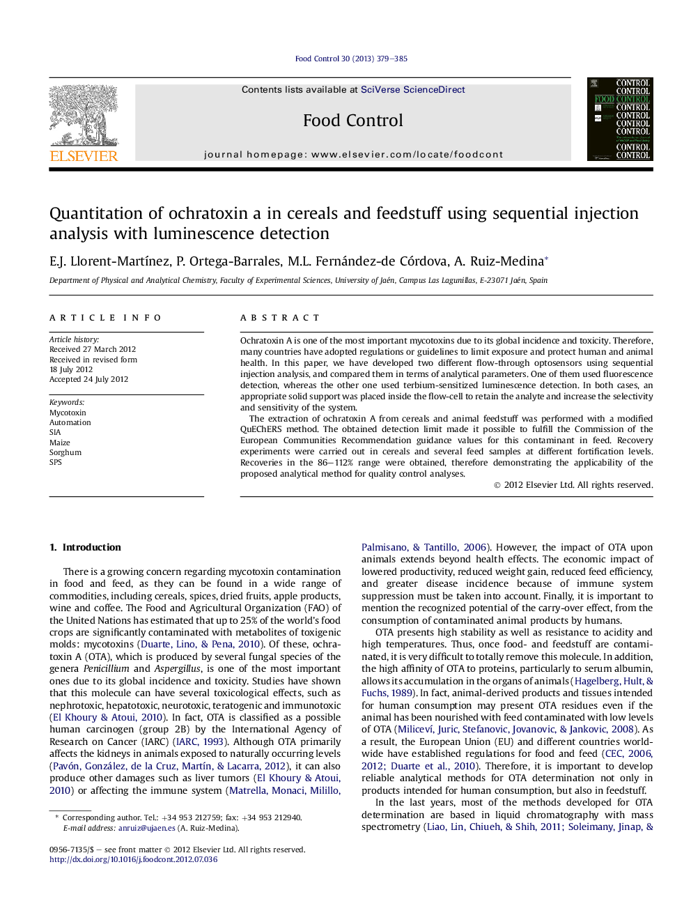 Quantitation of ochratoxin a in cereals and feedstuff using sequential injection analysis with luminescence detection