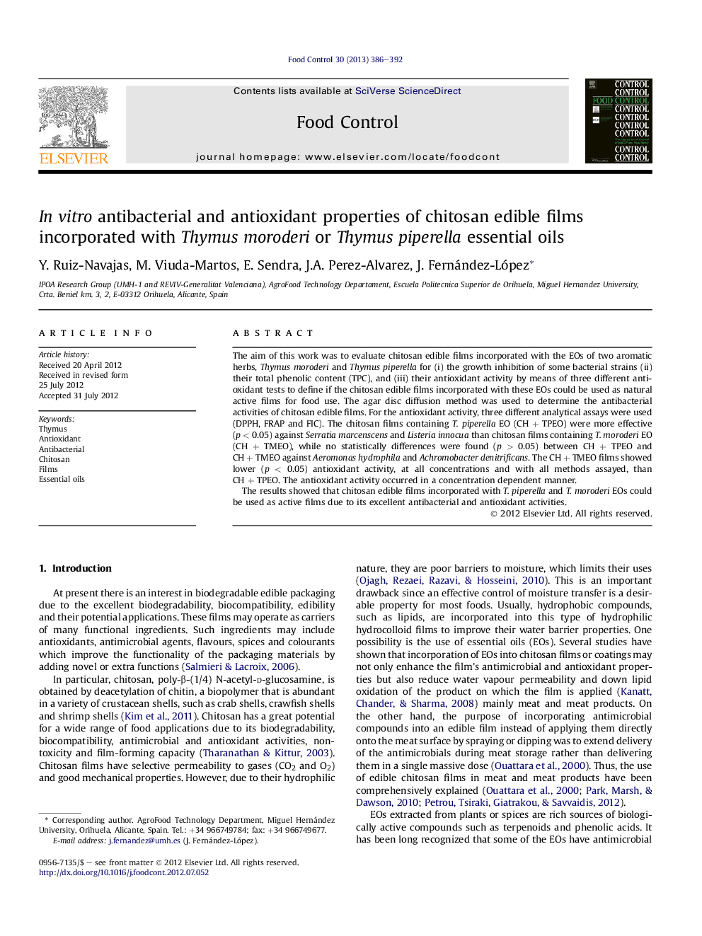 In vitro antibacterial and antioxidant properties of chitosan edible films incorporated with Thymus moroderi or Thymus piperella essential oils