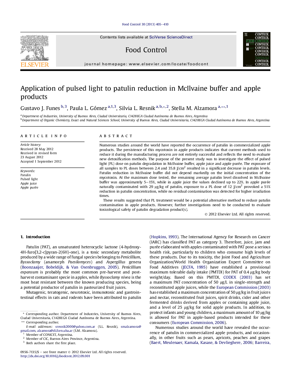 Application of pulsed light to patulin reduction in McIlvaine buffer and apple products