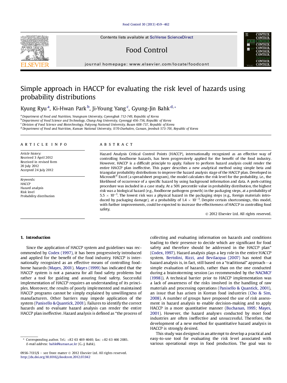 Simple approach in HACCP for evaluating the risk level of hazards using probability distributions