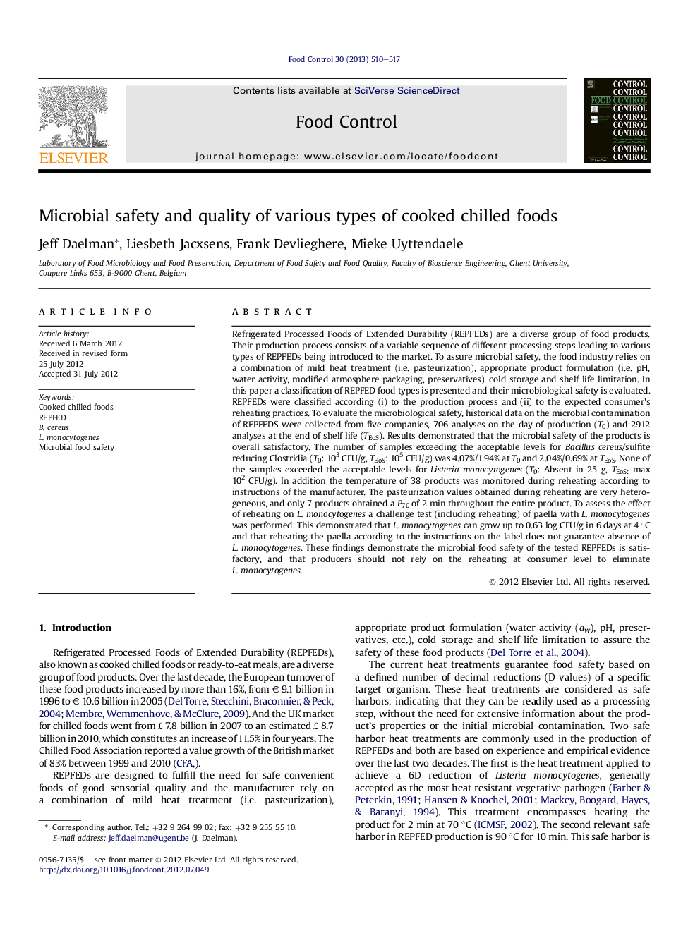 Microbial safety and quality of various types of cooked chilled foods