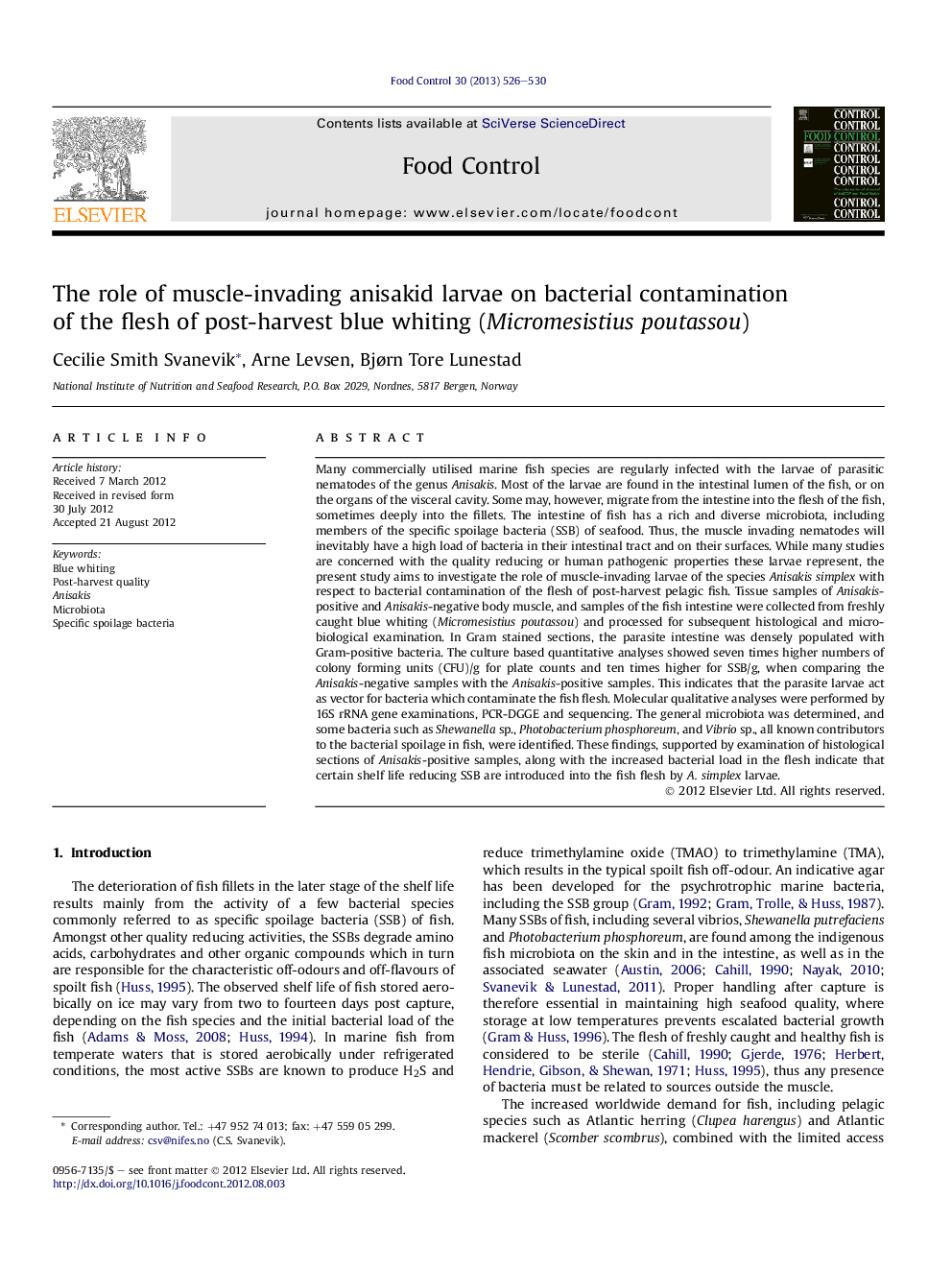 The role of muscle-invading anisakid larvae on bacterial contamination of the flesh of post-harvest blue whiting (Micromesistius poutassou)